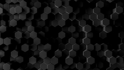 3d render of geometric tech pattern or dark abstract hexagon background. Smooth black honeycomb shapes for dark shadowy backgrounds.