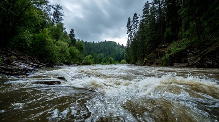 Rushing River with Rapids in a Dense Forest under a Stormy Sky