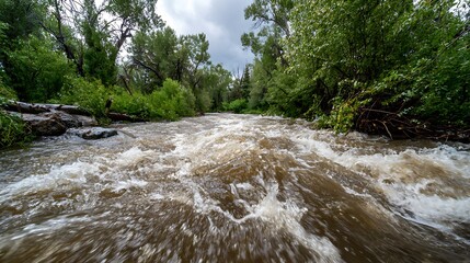 Rushing River with Rapids in a Dense Forest under a Stormy Sky