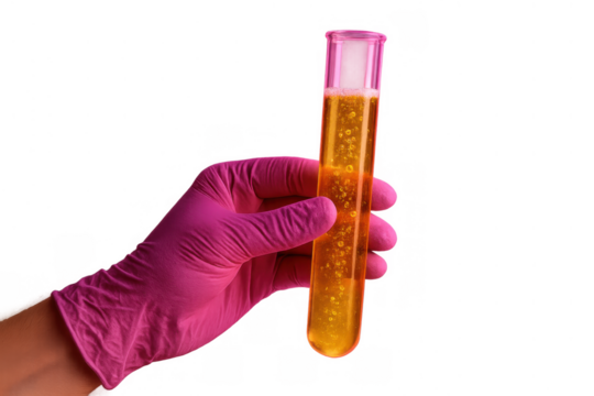 Hand in pink glove holding test tube with yellow liquid, conducting a scientific experiment, transparent background