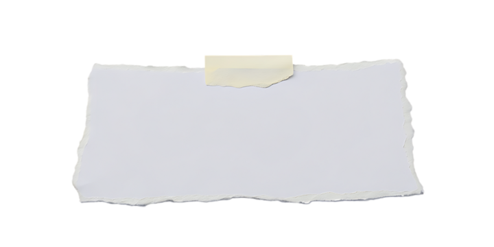 A torn white paper note with a piece of tape attached isolated on transparent background