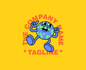 Cute cartoon character logo vector illustration of a happy walking Earth mascot with a curved placeholder for eco-friendly branding, children products, and cheerful environmental-themed designs.