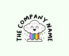 Playful vector illustration of a smiling cloud raining colorful rainbow stripes, Perfect for branding, logo design, children products, creative businesses and cheerful visual identities