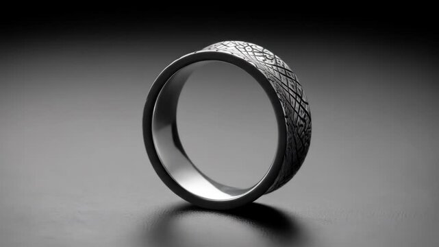 Silver ring with engraved pattern on black background. Metal jewelry, fashion.