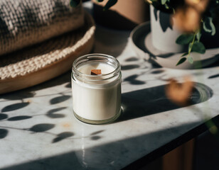 Unlit white candle in a clear glass jar featuring a wooden wick, placed on a marble tabletop with dappled shadows from greenery and soft, natural light, creating a calm atmosphere.