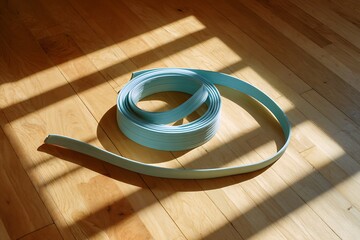 Coiled Blue Resistance Band on a Sunlit Wooden Floor