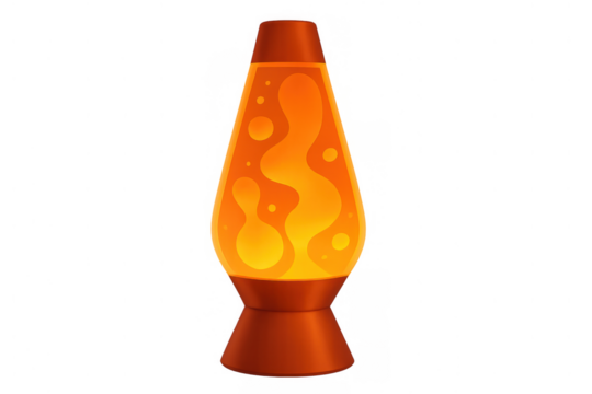 Lava lamp with orange liquid wax blobs flowing inside, creating a retro psychedelic glow on transparent background