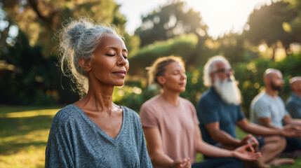 Group of Elderly People Meditating and Doing Yoga Outdoors for Wellness and Health Projects