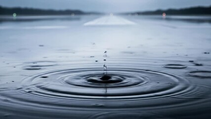 Rain drop creating water ripples on surface reflecting sky, water drop impact - Powered by Adobe