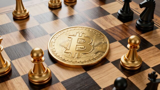 Golden physical Bitcoin coin with the ₿ symbol placed on a futuristic digital background. Perfect for cryptocurrency articles, blockchain infographics, fintech advertisements, investment presentations