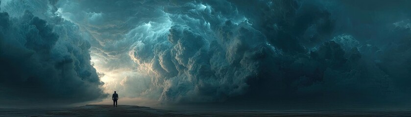 Fototapeta premium Overwhelmed person under exploding cloud concept. A solitary figure stands before towering, dramatic clouds.