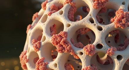 Intricate abstract cellular structure with pink clusters and porous bone-like material