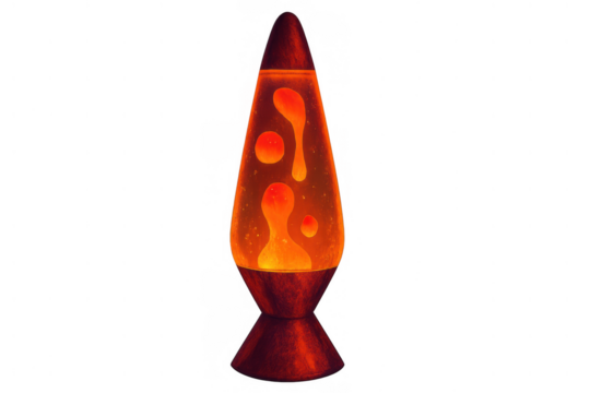 Lava lamp illuminating with orange wax creating retro and groovy flowing shapes, transparent background