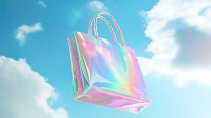A minimalist product model of holographic metal hand-held packaging bag with soft rainbow reflection. The bag is smooth, tidy, and perfectly shaped, gently floating on the bright blue sky and pale whi