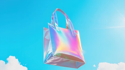 A minimalist product model of holographic metal hand-held packaging bag with soft rainbow reflection. The bag is smooth, tidy, and perfectly shaped, gently floating on the bright blue sky and pale whi