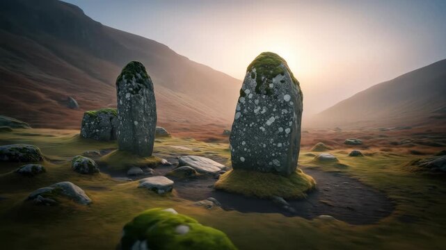 Mystical standing stones with moss in landscape at sunrise in a foggy valley.