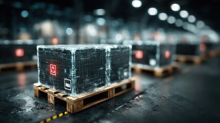 Digitally Enhanced Boxes on Pallets Conveying Technology and Logistics Concept