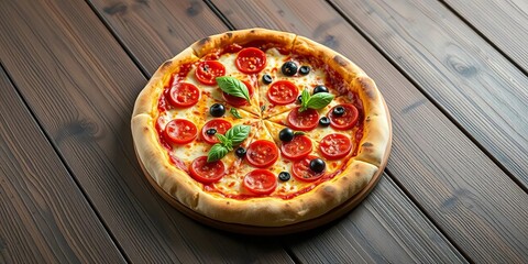 A freshly baked pizza sits on a rustic wooden table, appetizing, pepperoni