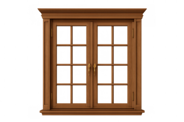 Wooden window frame with leaded glass panes, creating a traditional double casement design, isolated on transparent background