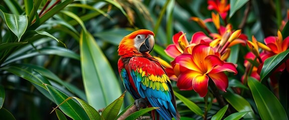 Vibrant macaw perched on lush tropical foliage, bright flowers, beak, tropical
