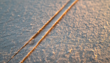 Close-up view of two parallel lines etched into a textured, light-colored surface, illuminated by warm, low-angle sunlight.