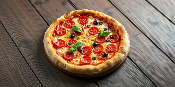 A freshly baked pizza sits on a rustic wooden table, appetizing, pepperoni