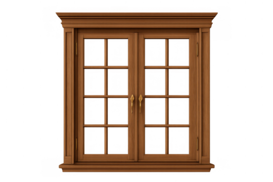 Wooden window frame with leaded glass panes, creating a traditional double casement design, isolated on transparent background - Powered by Adobe