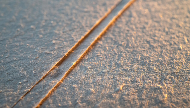 Close-up view of two parallel lines etched into a textured, light-colored surface, illuminated by warm, low-angle sunlight.