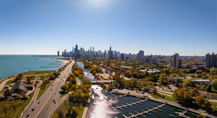 Chicago Skyline Aerial View from Lake Shore Drive with Skyscrapers and Lake Michigan Panorama” 