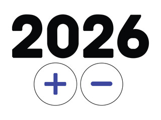 Illustration of the year 2026 with plus and minus signs isolated on white background