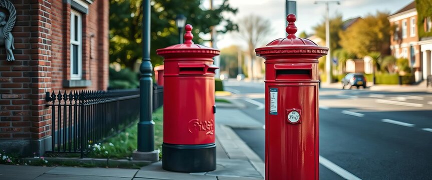 Classic red postbox stands on a street corner, symbol, vertical