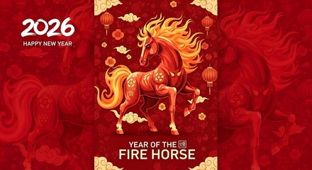 Vibrant chinese new year 2026 fire horse celebration poster design