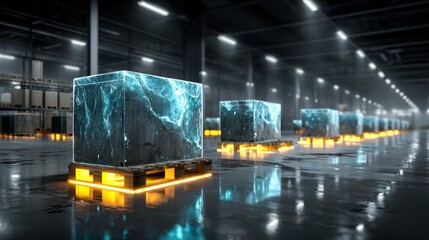 Futuristic Warehouse Scene with Glowing Cubes on Pallets and Reflections