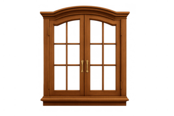 Wooden window featuring an arched top and double casement design with multiple glass panes and elegant gold handles