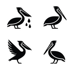 Four Pelican Silhouettes, Pelican Iconography Collection, Vector Set of Pelican Illustrations, Variations of a Pelican Symbol, illustration, vector