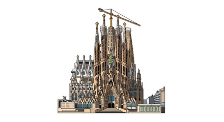 Sagrada Familia vector illustration featuring the iconic towers and construction crane against a white background