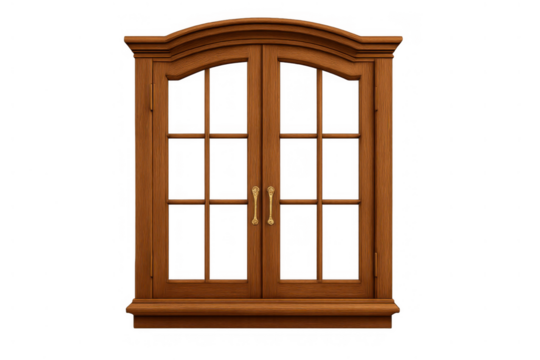 Wooden window featuring an arched top and double casement design with multiple glass panes and elegant gold handles