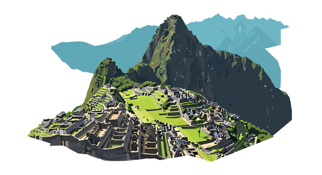 Machu Picchu ruins in mountains green terraced fields stone structures