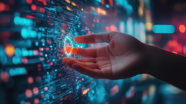 Hand interacting with digital data stream and futuristic technology interface