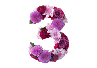 3 made from flowers isolated on a transparent or white background