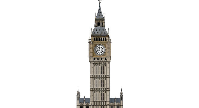 Towering Big Ben stands tall against a white background showcasing intricate architecture and a prominent clock face