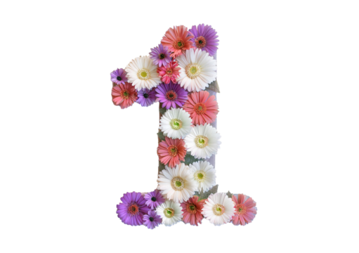 1 made from flowers isolated on a transparent or white background