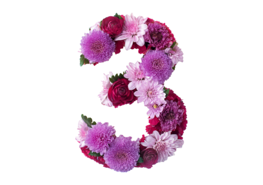 3 made from flowers isolated on a transparent or white background