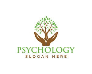 Obraz premium Psychology logo with hands holding a tree, isolated on white background
