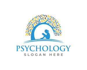 Psychology logo with a silhouette of a person reading under a tree, isolated on white background