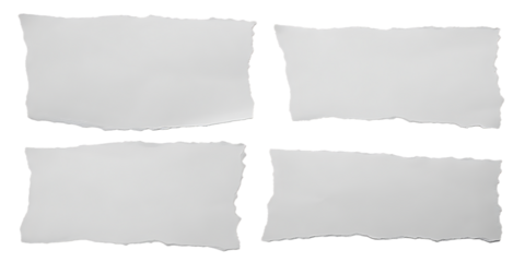 Four torn white paper squares with rough ripped edges arranged in a grid on a black background isolated on transparent background