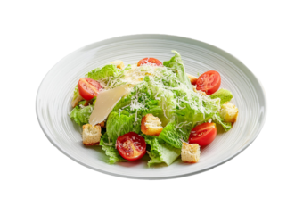 Caesar salad with lettuce, tomatoes, sprouts, croutons and sauce in plate isolated on transparent or white background