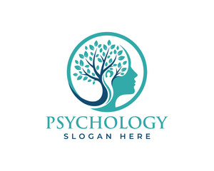 Teal abstract tree logo in a circle with a womans profile and the word psychology, isolated on white background