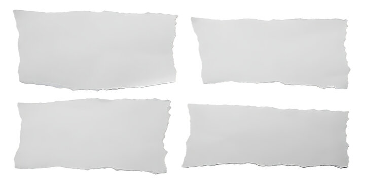 Four torn white paper squares with rough ripped edges arranged in a grid on a black background isolated on transparent background