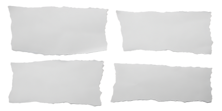 Four torn white paper squares with rough ripped edges arranged in a grid on a black background isolated on transparent background